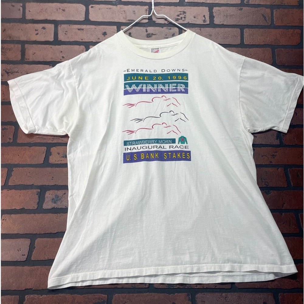 Jerzees Vtg 1996 Horse Racing Emerald Downs Inaugural Race Tee Made in USA 90s